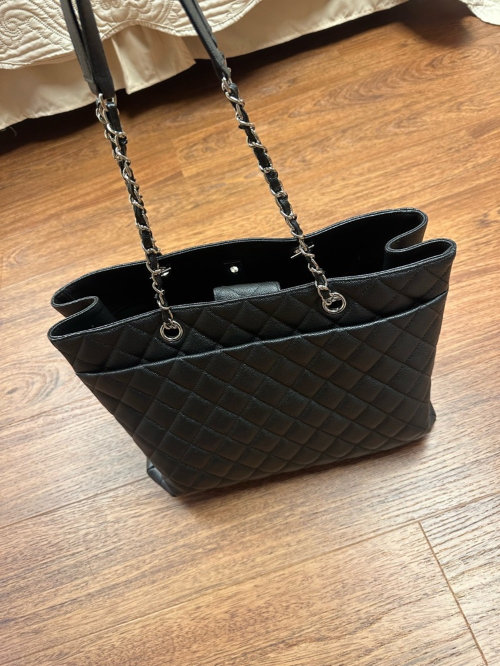 CHANEL Black Quilted Leather Tote with Silver Chain Handles - Picture 3 of 7